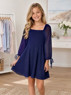 NWOT Rare Editions Girls Navy Square-Neck Dress Sheer Sleeves Party Wedding